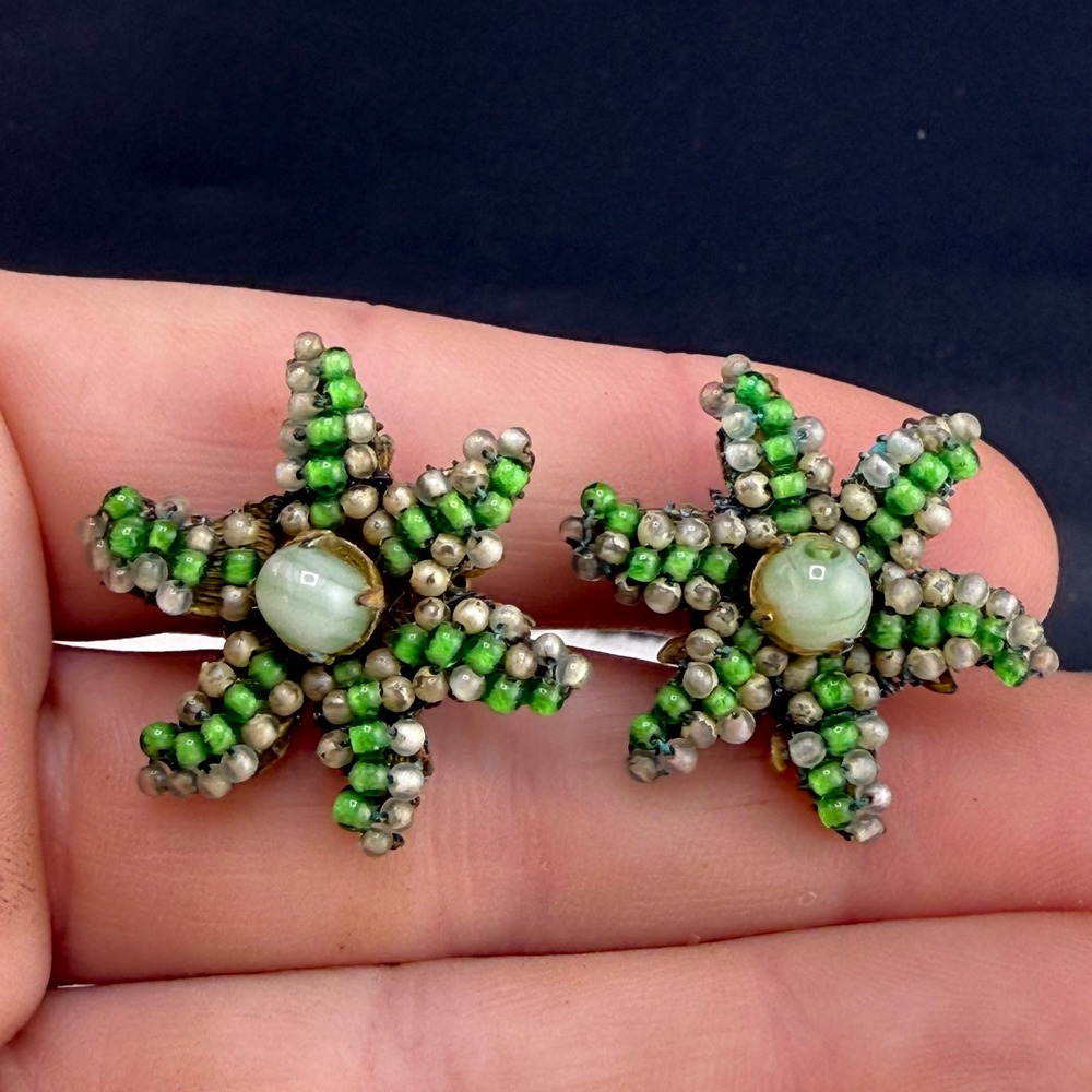Vintage Miriam Haskell Earrings Green Starburst Beaded Clip On